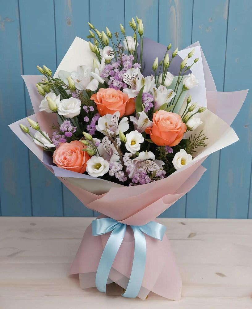 Букет цветов из: Лизиантусы, Розы, Альстромерии и Гипсофила в Великом Новгороде