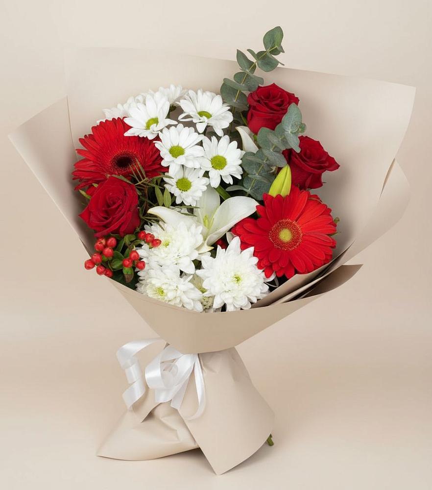Букет цветов из: Розы, Хризантемы, Герберы и Лилии в Великом Новгороде
